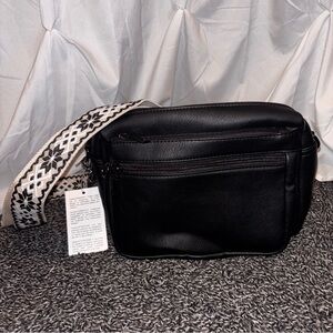 Black Crossbody Purse with Patterned Strap